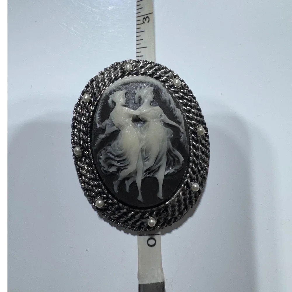 Vintage Cameo Brooch Black White Twin Women Dancing Filigree Frame Pearl Accents